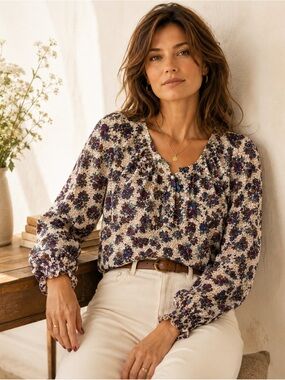 Vintage Easywear Clothing Floral Rayon Ruffle Blouse Cottagecore Boho Medium